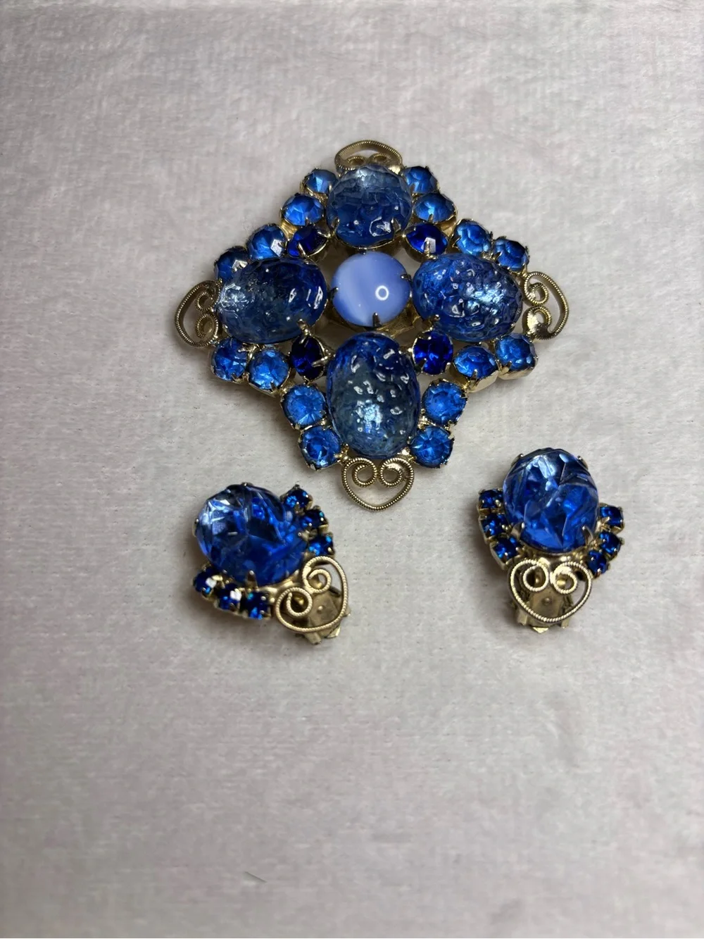 Vintage Czech Style Blue Art Glass Rhinestone Brooch & Clip Earrings Set